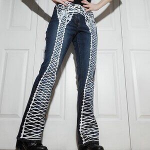 Vintage 90s Victorian corset style lace-up bow goth skeleton boot cut jeans